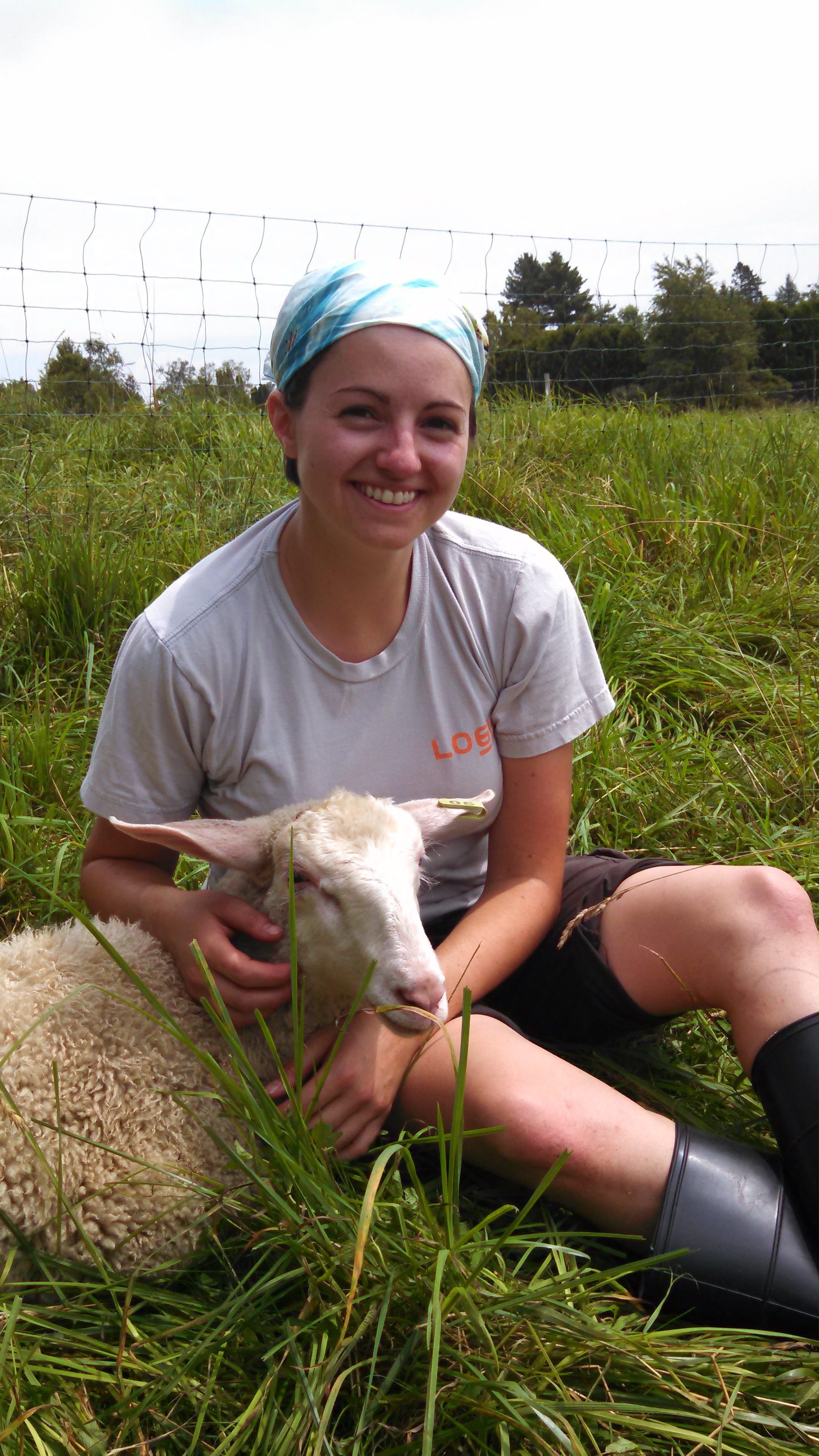Sue sitting with a lamb in a grassy field.